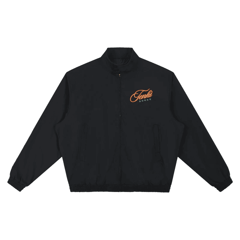 Black bomber jacket with the Tenki script logo