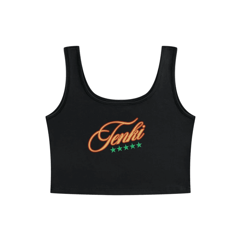 Black crop top with the Tenki script logo